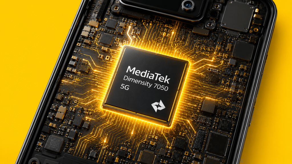 Lava Agni 4 MediaTek Dimensity 7050 5G processor on a smartphone motherboard with glowing circuitry, highlighting high-performance mobile chipset technology.