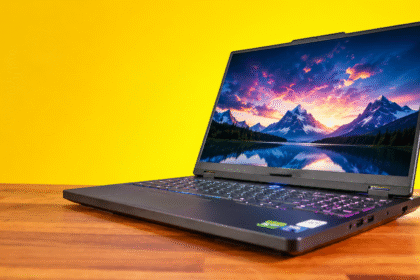 Lenovo Legion 5 (2026) gaming laptop with RTX 5050 GPU and Ryzen 7 processor on yellow background
