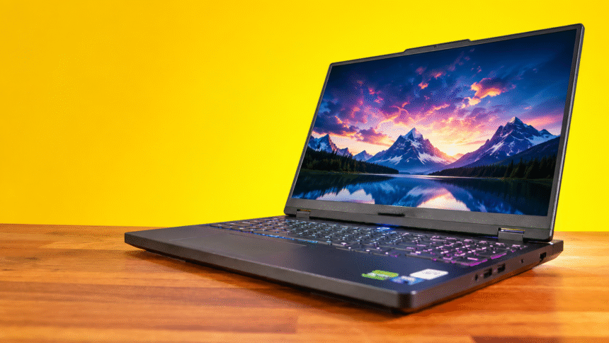 Lenovo Legion 5 (2026) gaming laptop with RTX 5050 GPU and Ryzen 7 processor on yellow background